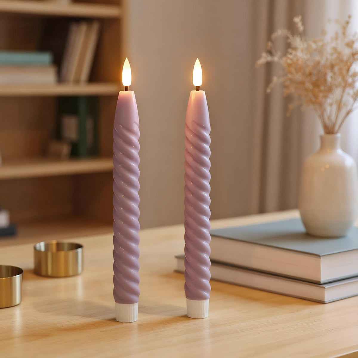 Purple Flameless Taper Candles Flickering with Remote Timer | LED Spiral Taper Candles, Flameless Candlesticks, Battery