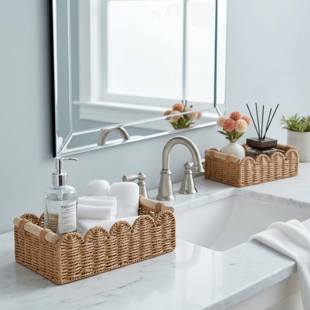 Scalloped Decorative Baskets for Over Toilet Shelves / Neutral / Small