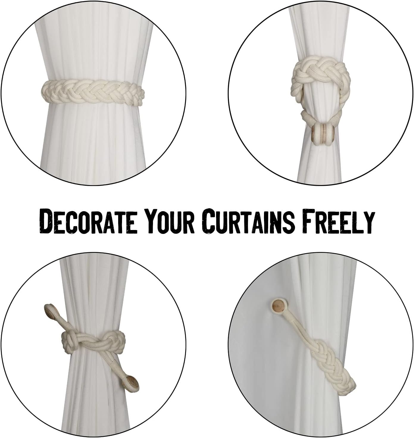 BEL AVENIR Curtain Tiebacks Magnetic 4 Pack Woven Drapery Holdback | Handmade Curtain Ties, No Drill, for Outdoor
