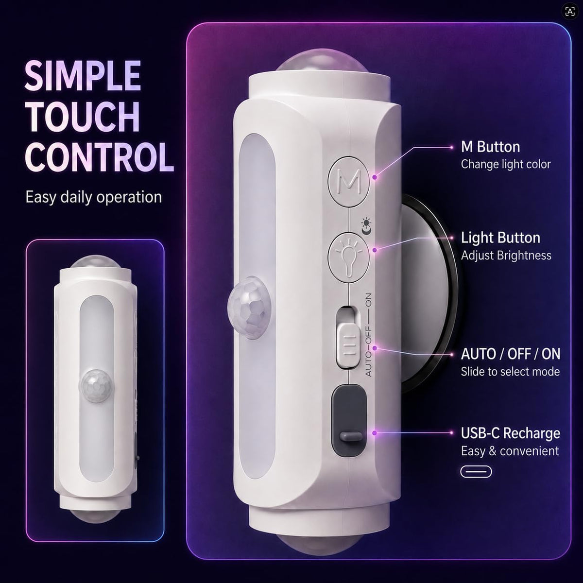 Motion Sensor Wall Light, Rechargeable Peel and Stick on Sconce Set of 2 | Wireless No Drill RGB Wall Lamps, Magnetic