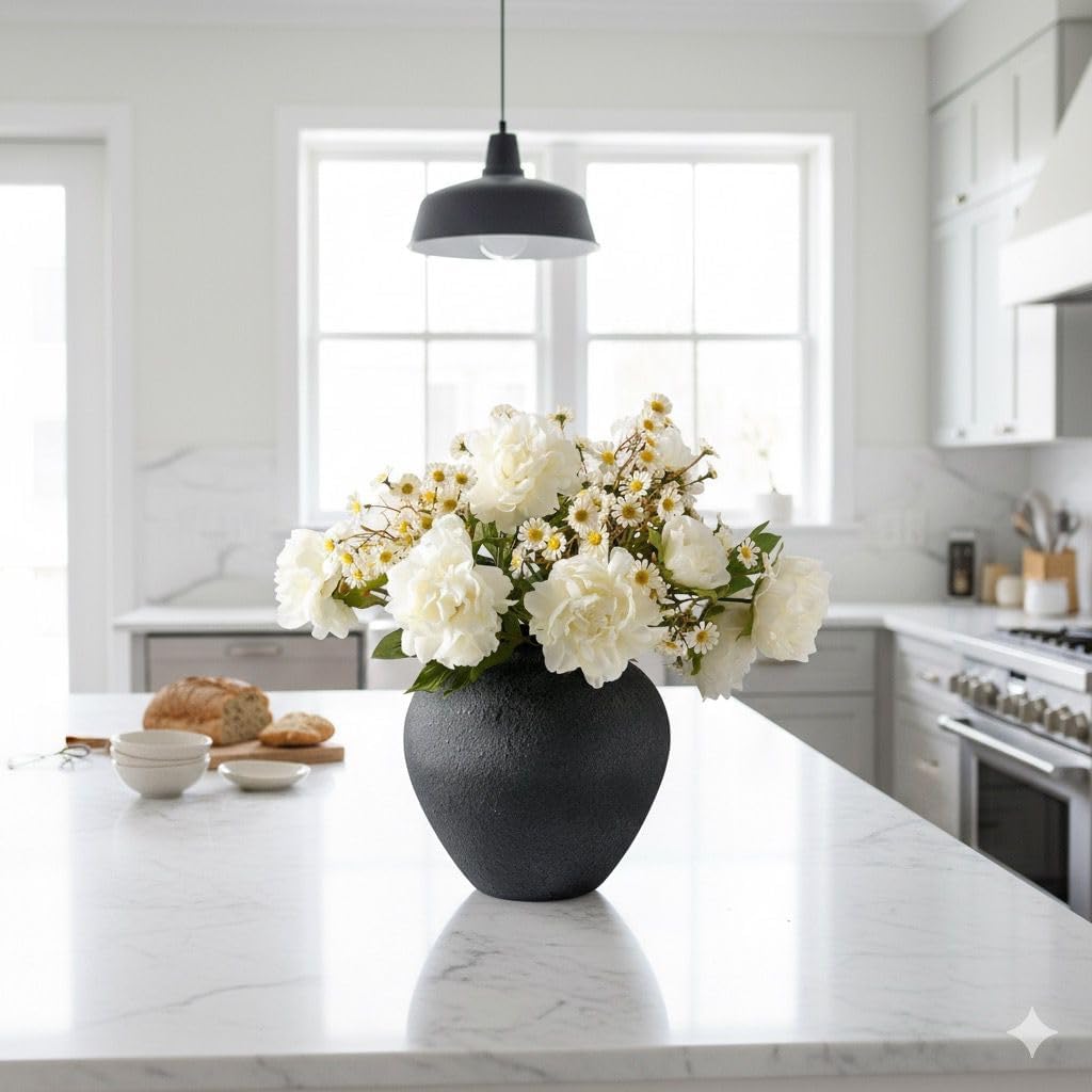SilkSerenade Large Black Round Vase for Flowers & Table Centerpieces / Black Large Round / 11 Inch
