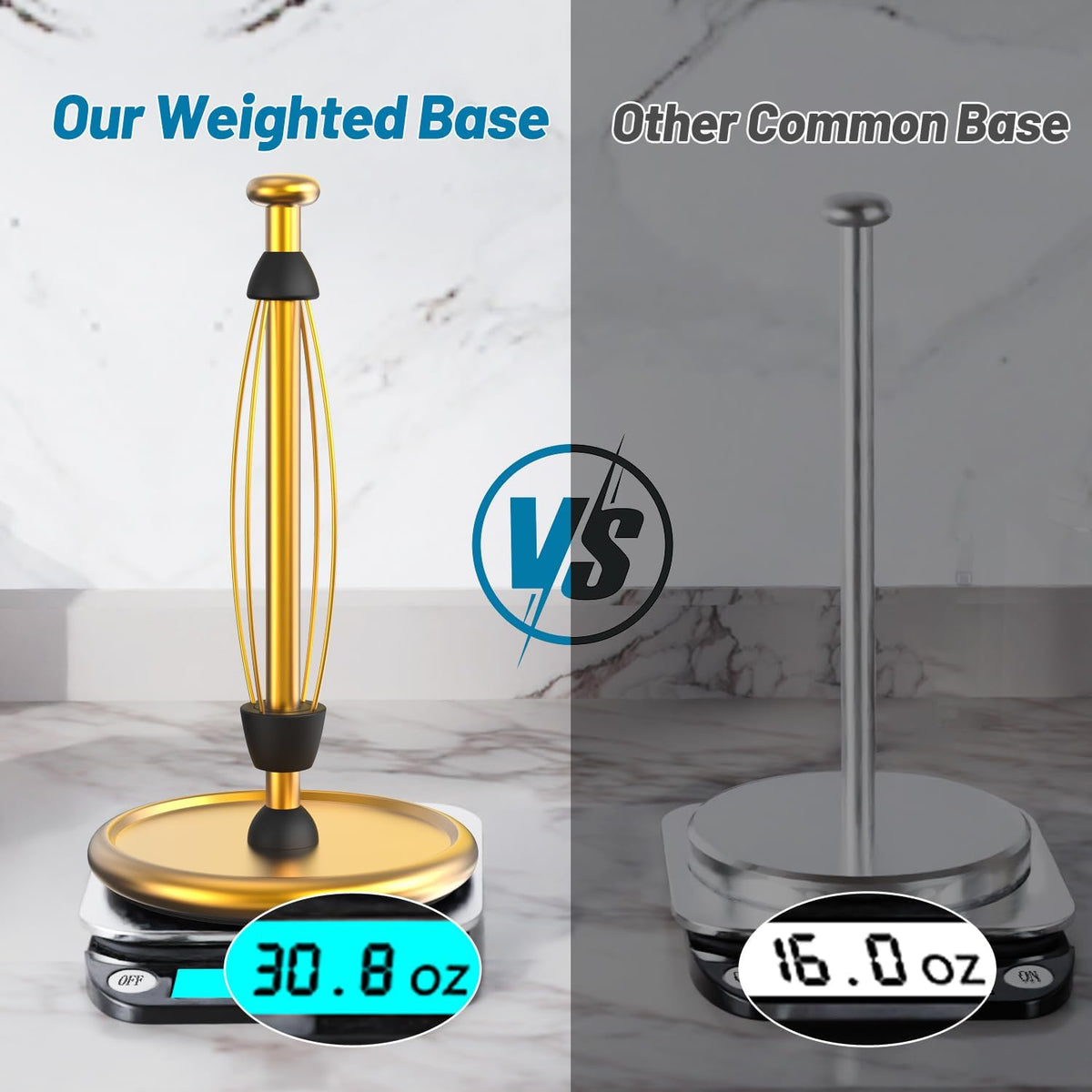 VEHHE Paper Towel Holder Countertop with Weighted Base, One-Hand Tear | Freestanding Design | Brushed Gold Finish
