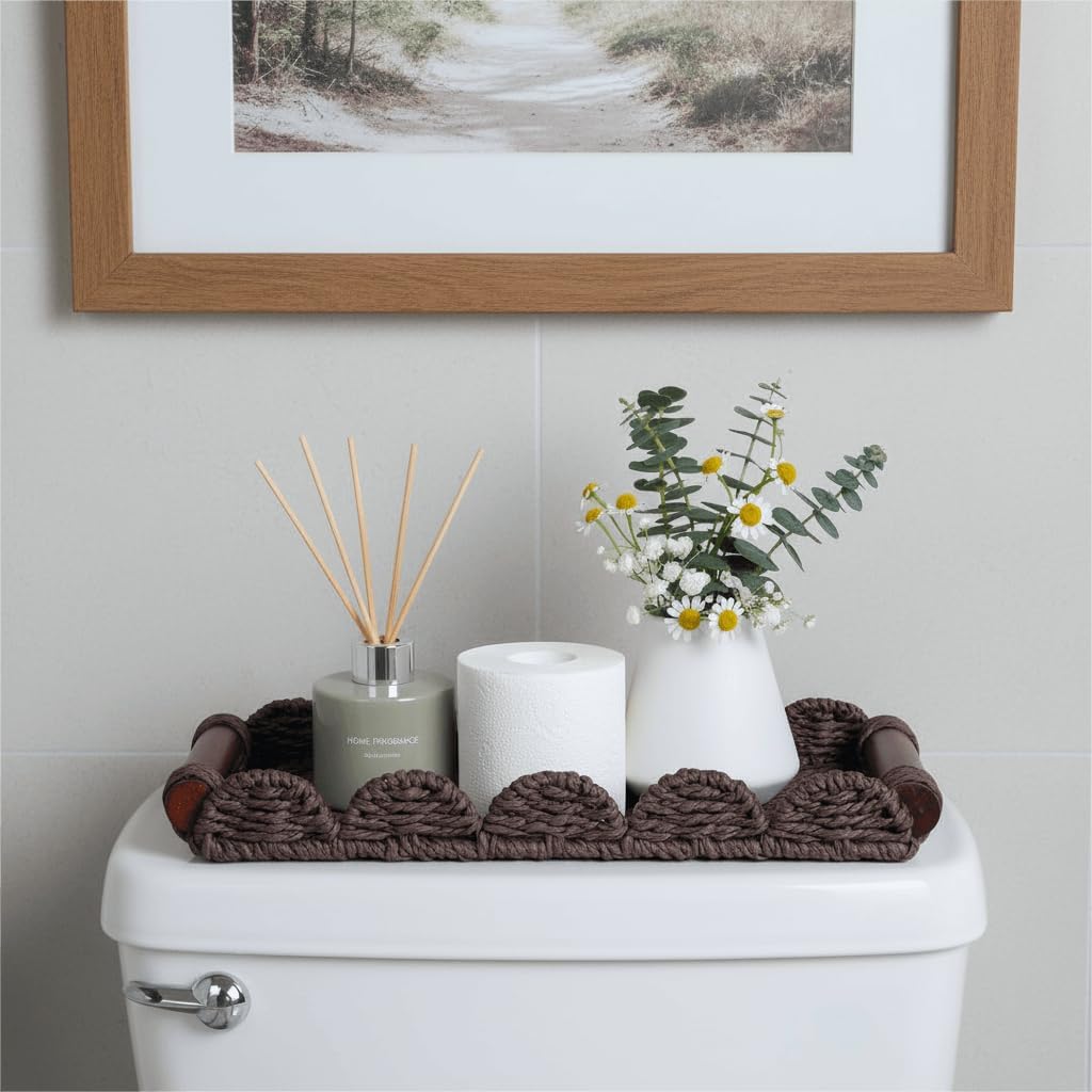 Scalloped Decorative Tray w/Wood Handle for Counter / Brown / 13 x 6.3 x 1.6