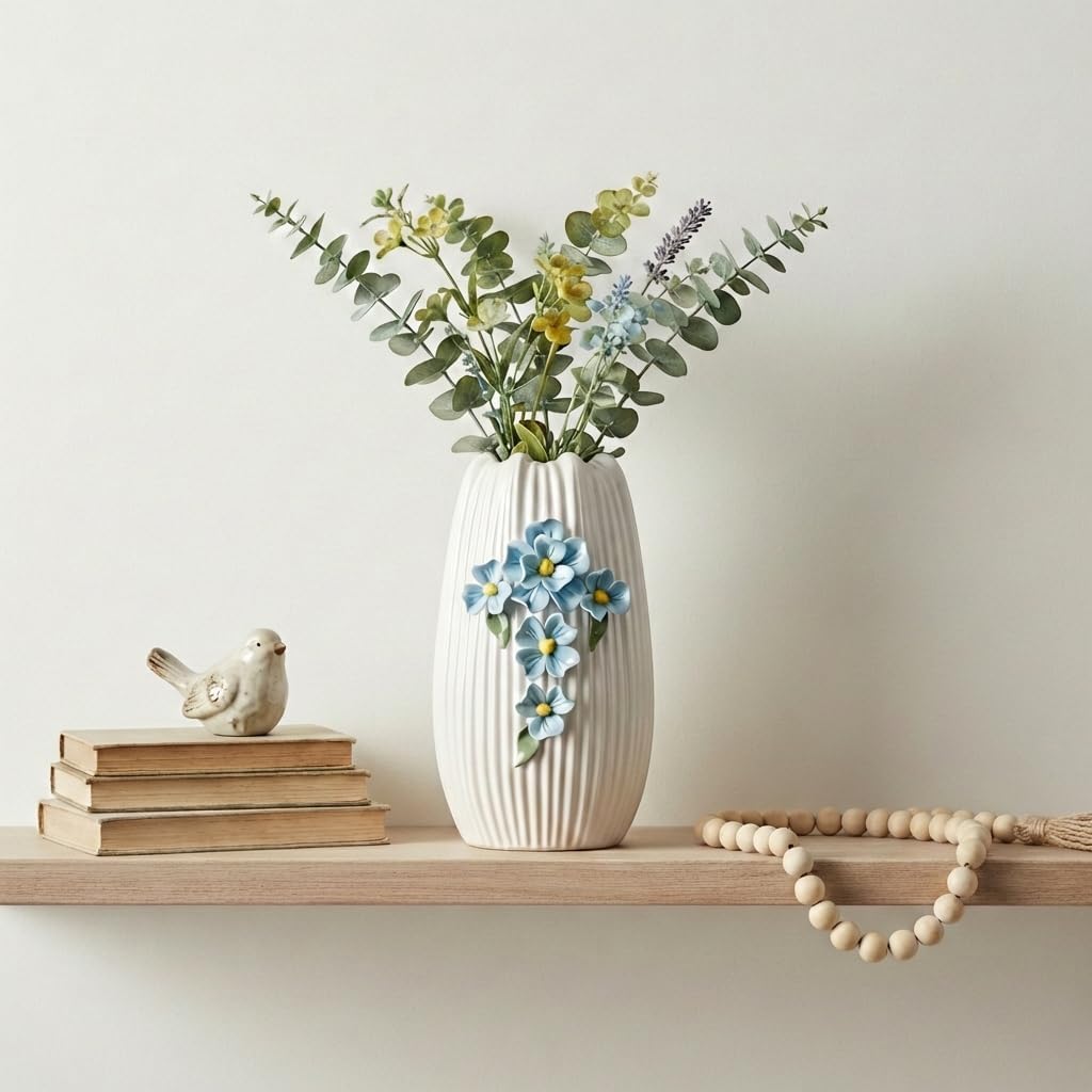 Modern Ceramic Vase / White and Light Blue / 9 Inch