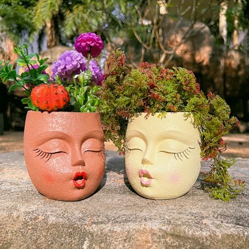 Flower Head Planter Pot,Resin Big Face Planters with Waiting Kiss,Yellow,1P