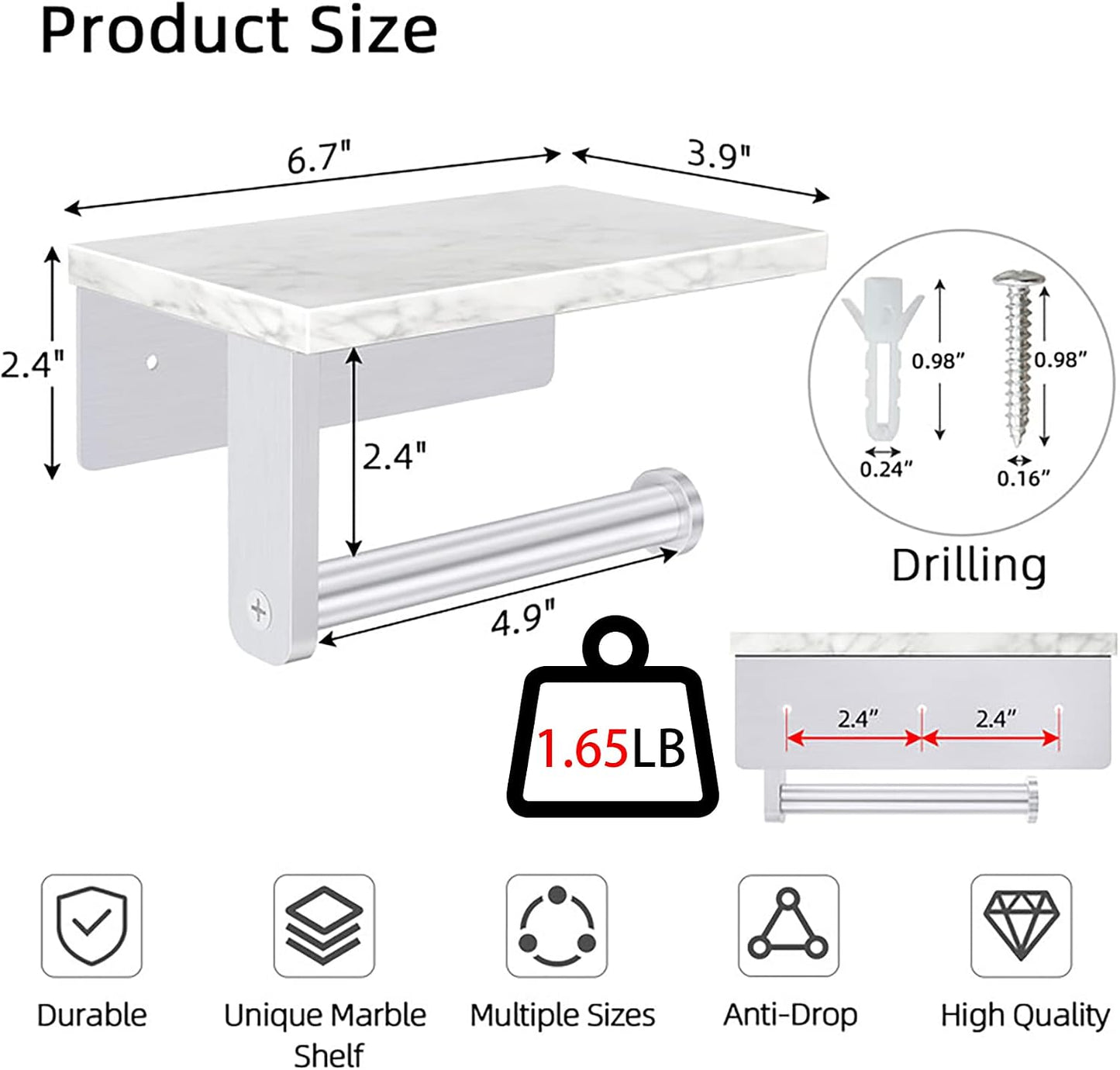 Gypie Toilet Paper Holder with Marble Shelf, Wall Mounted Brushed Nickel | Stainless Steel Tissue Roll Paper Holder