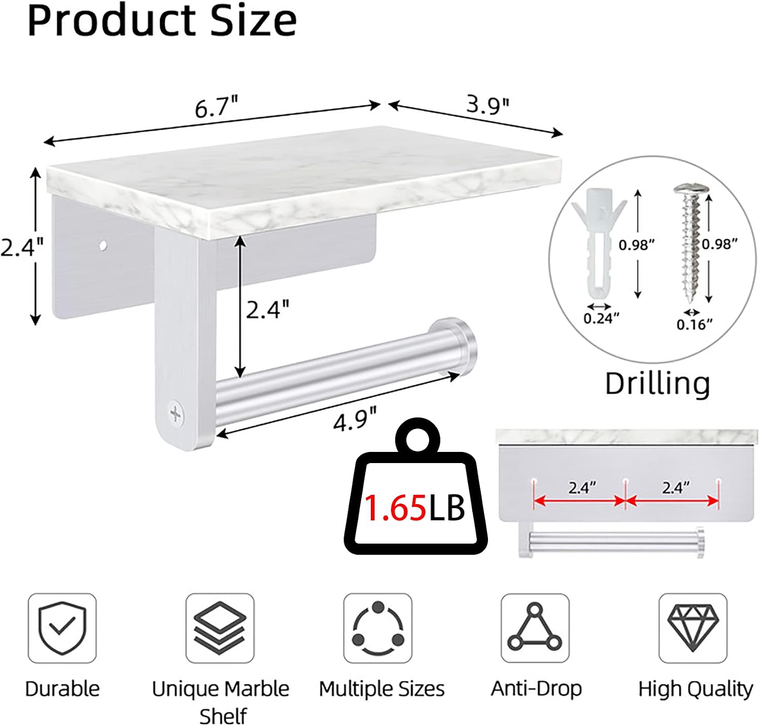 Gypie Toilet Paper Holder with Marble Shelf, Wall Mounted Brushed Nickel | Stainless Steel Tissue Roll Paper Holder