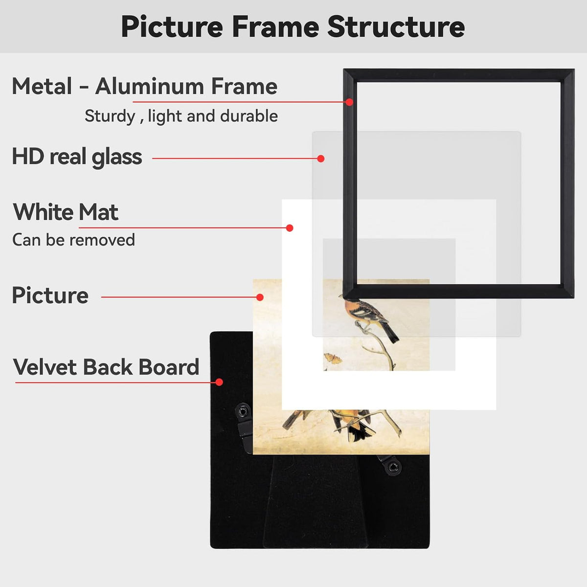 BKABOT 12x12 Black Picture Frame Fits 10x10 with Mat HD Glass 3 Pack | Thin brushed aluminum Photo frames, removable