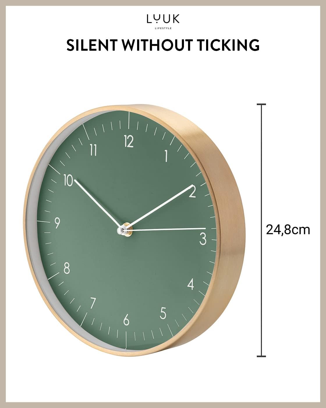 Modern Silent Quartz Wall Clock, 10in, Dark Green & Gold | Designed in Germany, Simple & Elegant, Non-ticking, Analog