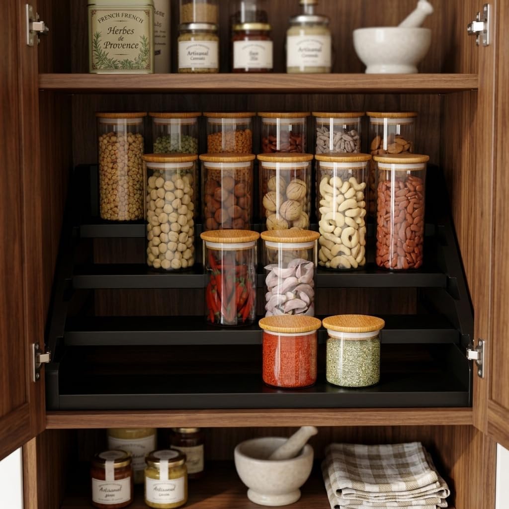 Solid Wood Spice Rack Organizer for Countertop & Cabinet, 4 Tier Adjustable Wooden Spice Shelf with Sliding Track