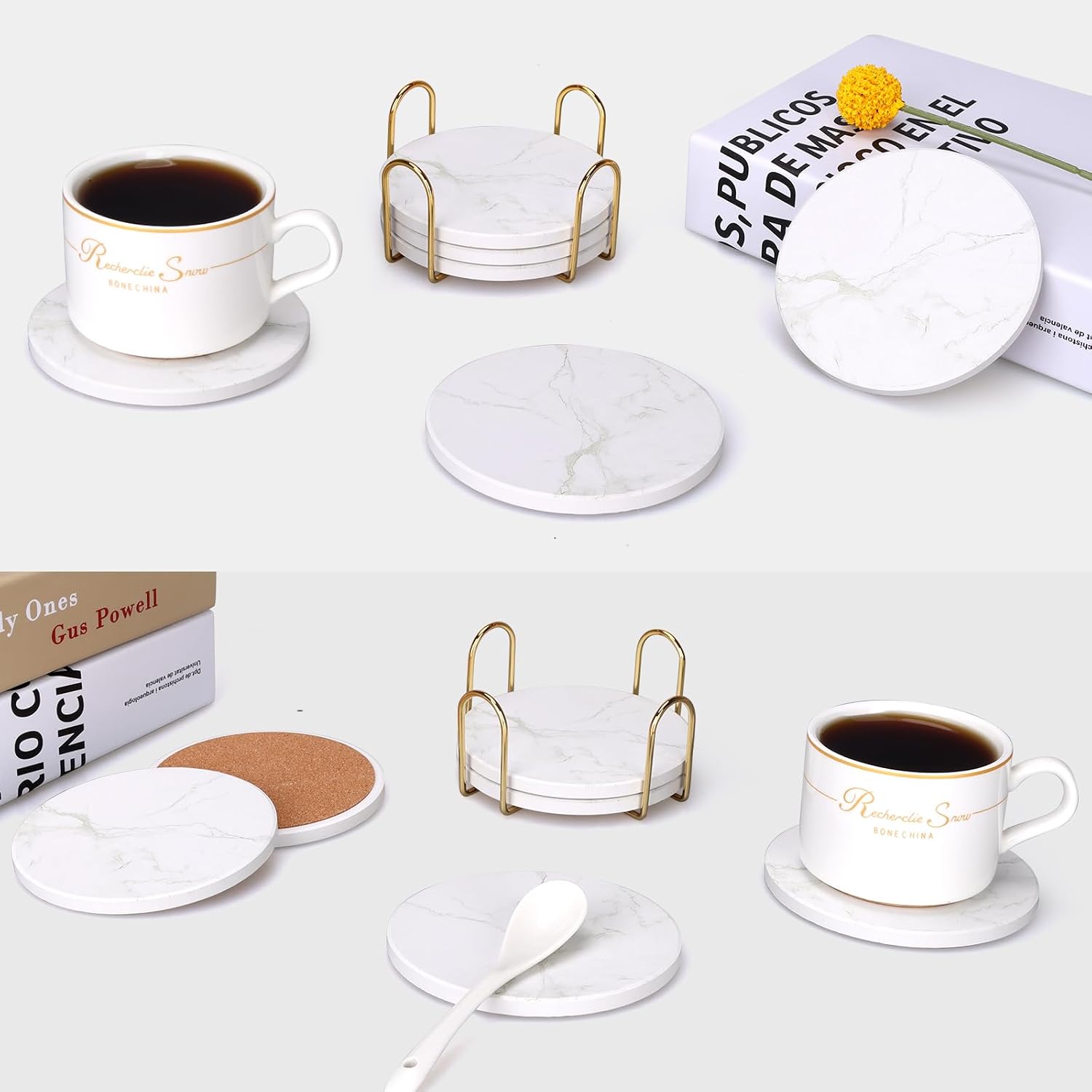 Coasters White Marble Style Ceramic Drink Coasters / White 04 / Set of 6