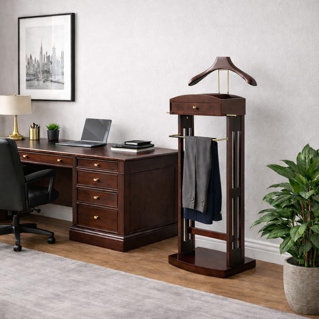 Proman Products Milan Valet Stand with Drawer, Top Tray, Contour Hanger, Trouser Bar, Tie & Belt Hooks and Shoe Rack