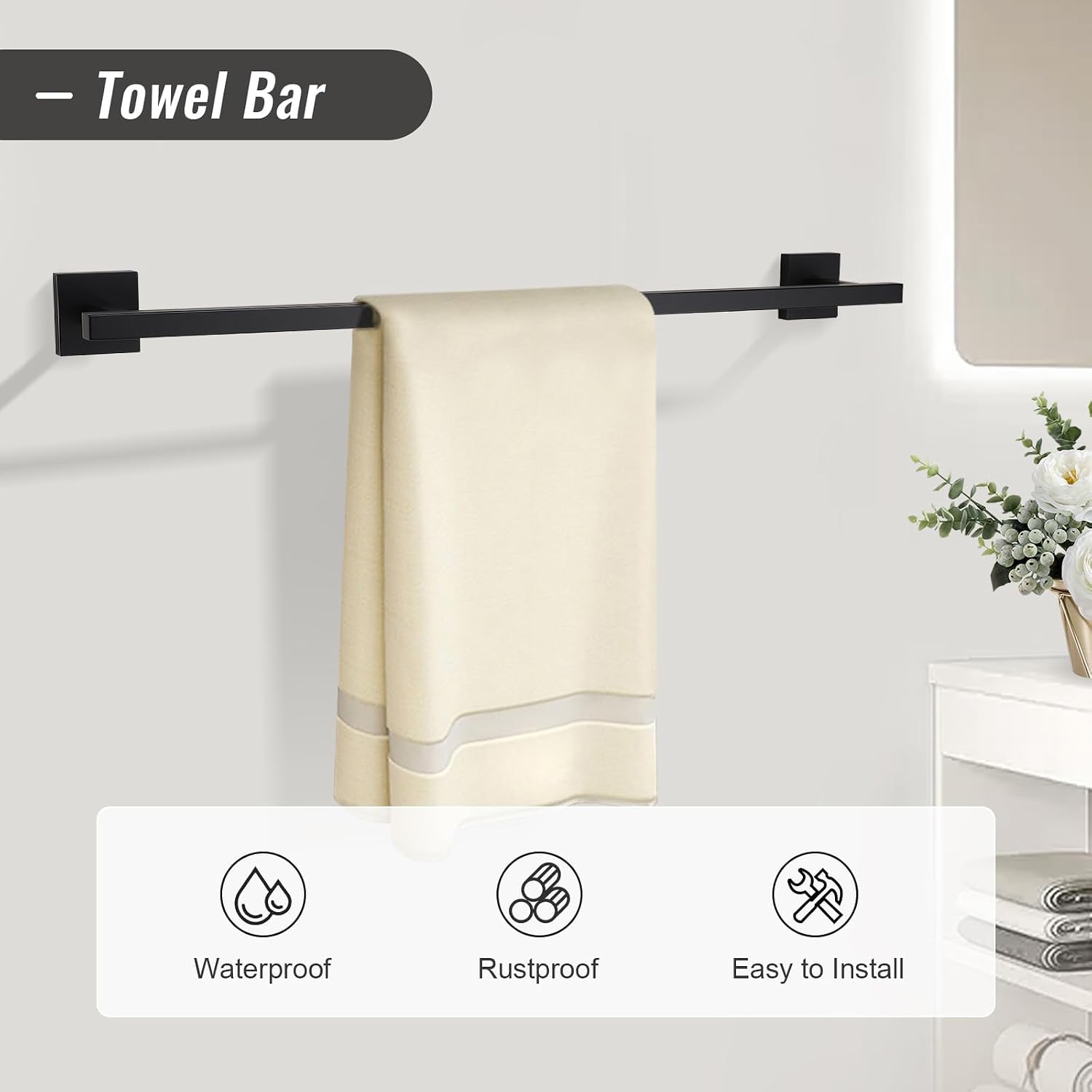 YACVCL Black Towel Bar Set 5-Piece Bathroom Hardware Accessories Set,SUS304 Stainless Steel Towel Rack Set,23.6 Inch