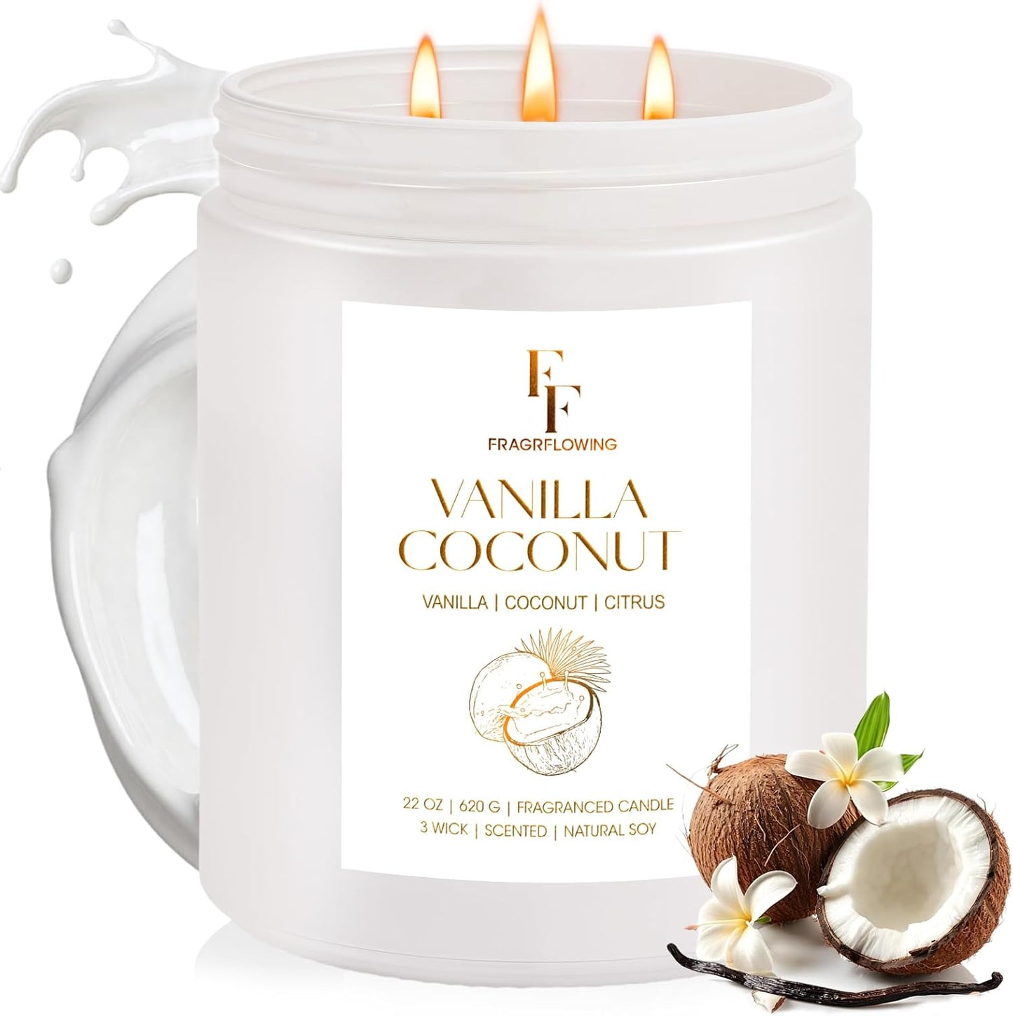 Vanilla Coconut Large Scented Candle, 3-Wick 22oz Long Lasting Scented Candle, Natural Soy Wax Aromatherapy Candle for