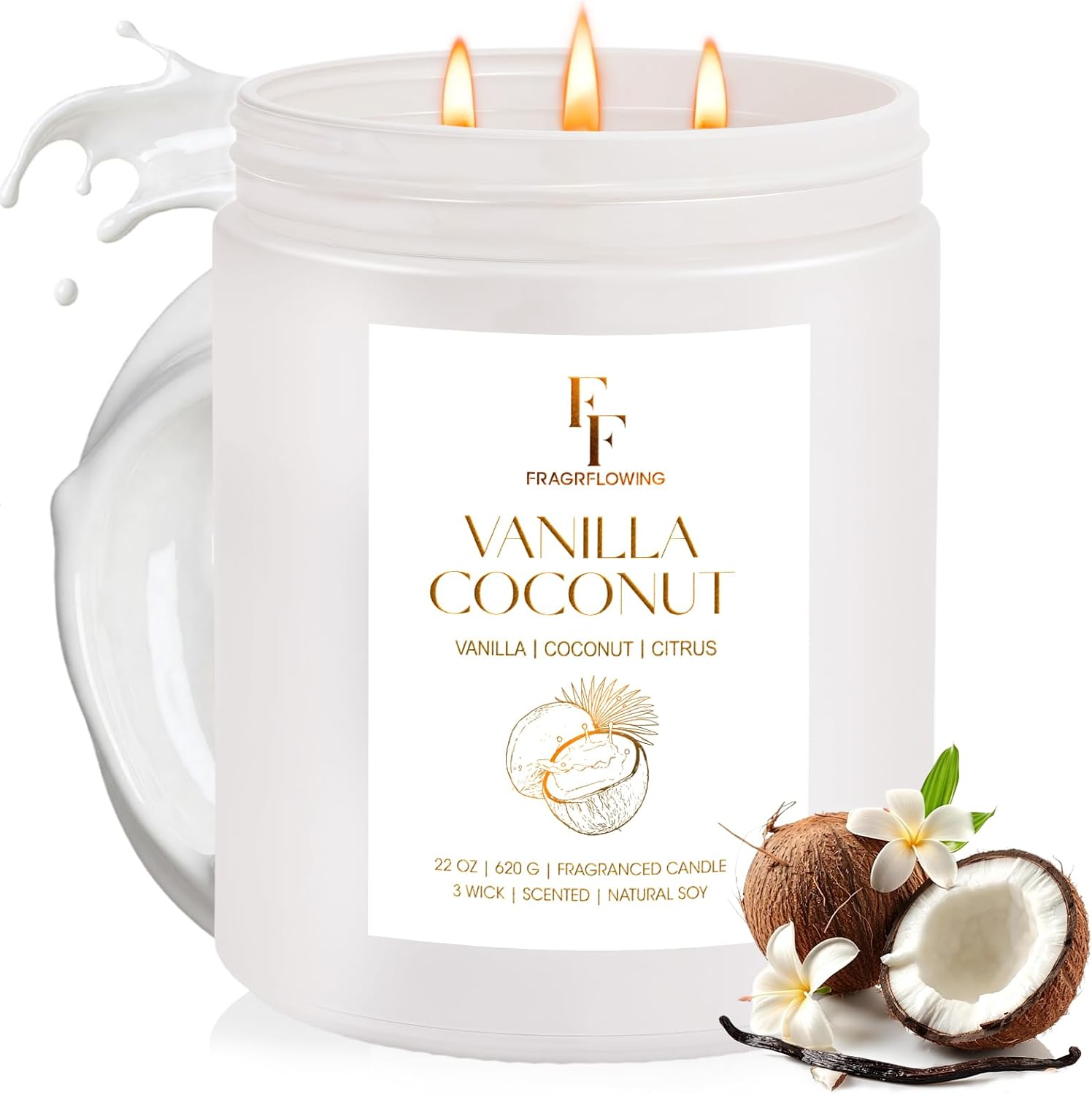 Vanilla Coconut Large Scented Candle, 3-Wick 22oz Long Lasting Scented Candle, Natural Soy Wax Aromatherapy Candle for