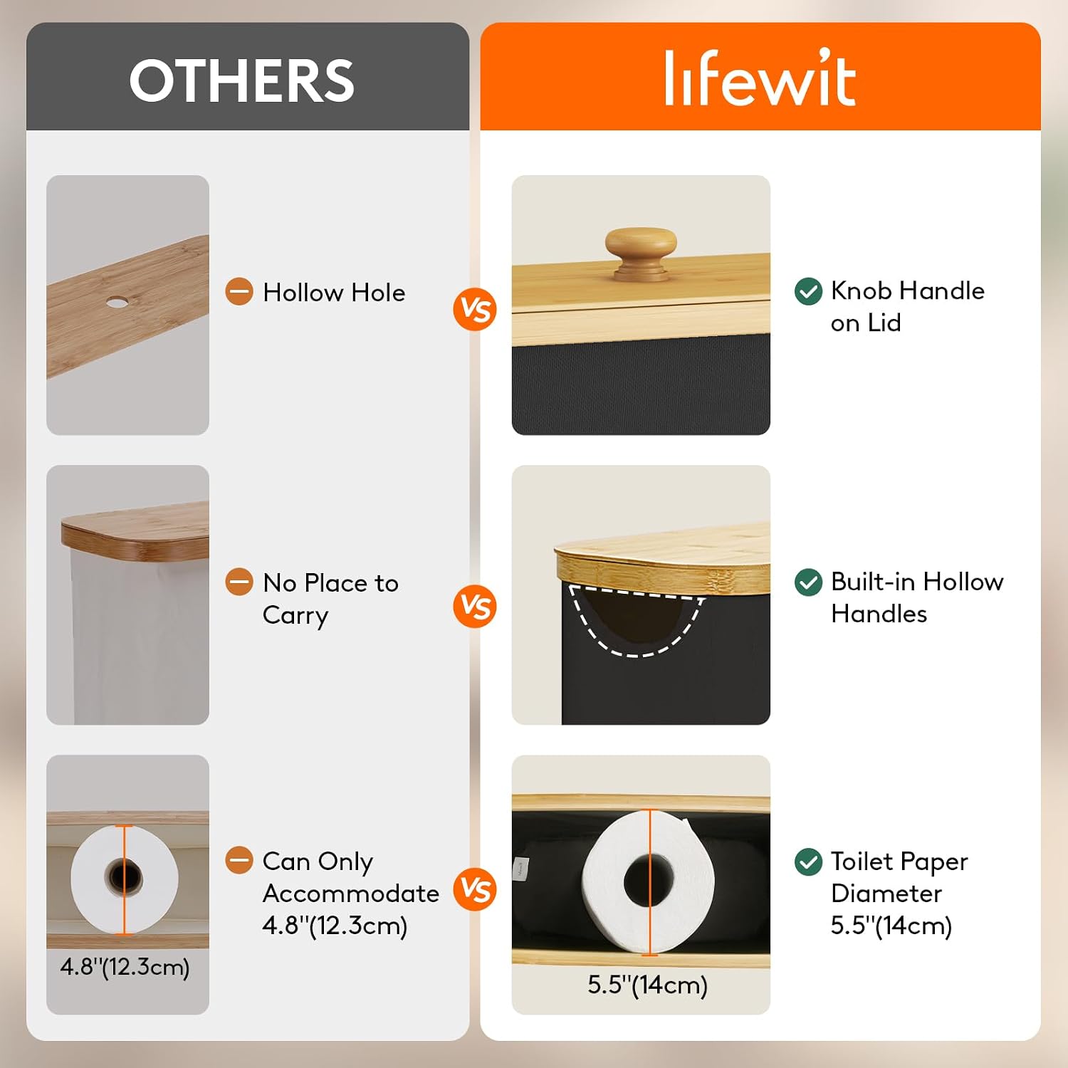 Lifewit Toilet Paper Storage Holder, Large Stand Basket, 23L, Black | 9 to 12 Rolls, Large Paper Stand with Bamboo Lid