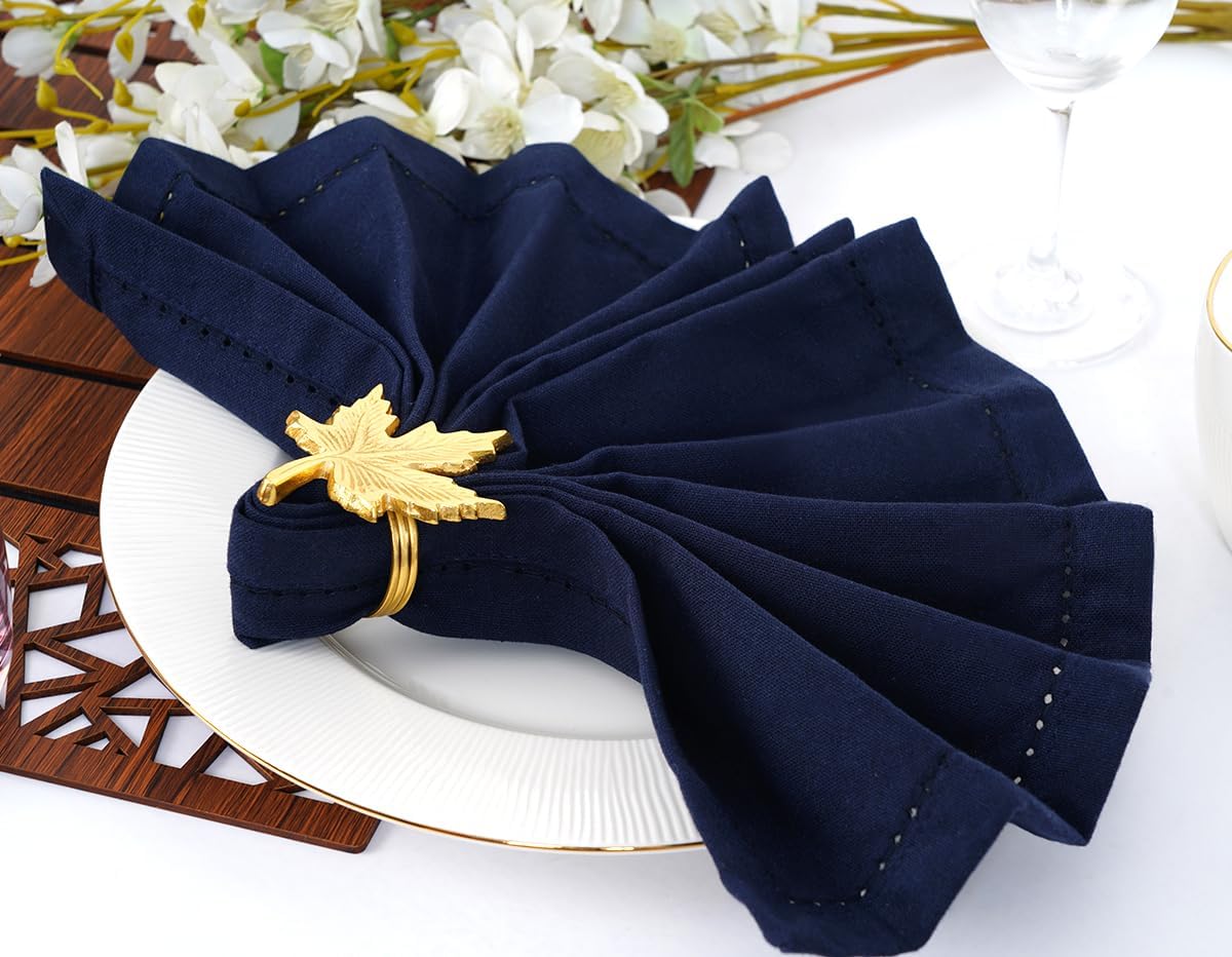 Blue Needles Navy Blue Hemstitch Linen Napkins Set of 12-100% Cotton Cloth Dinner Napkins 18x18 inches, Soft, Reusable