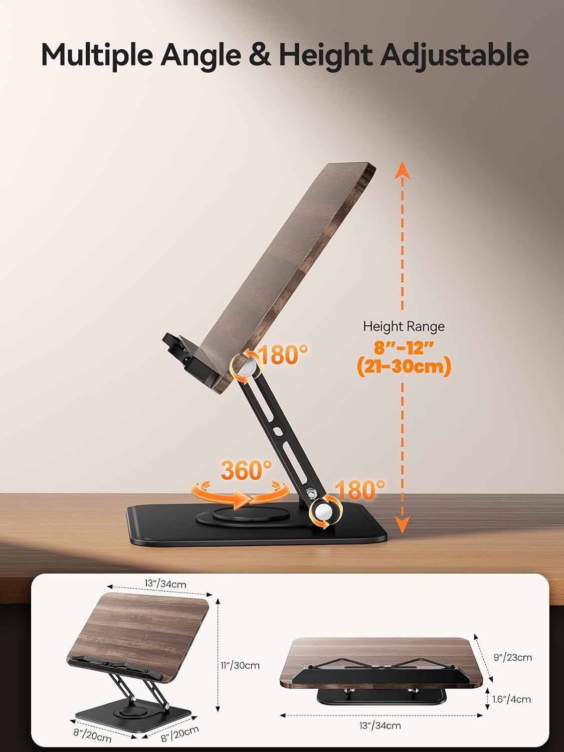 Tounee Book Stand, 360° Rotating Reading Book Holder, Adjustable Cookbook Holder for Reading Hands-Free, Foldable
