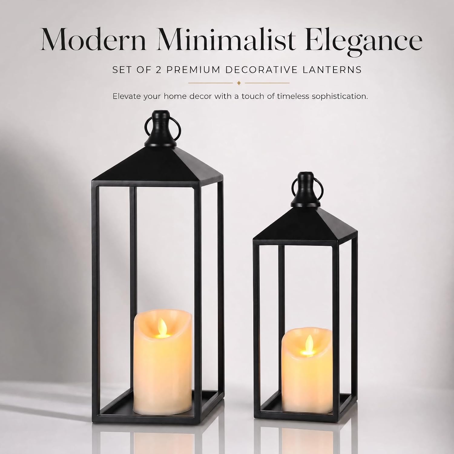Lanterns Decorative Outdoor Indoor, 17" 13" Set of 2 Black Candle Lanterns | No Glass Metal Outdoor Lantern for Porch