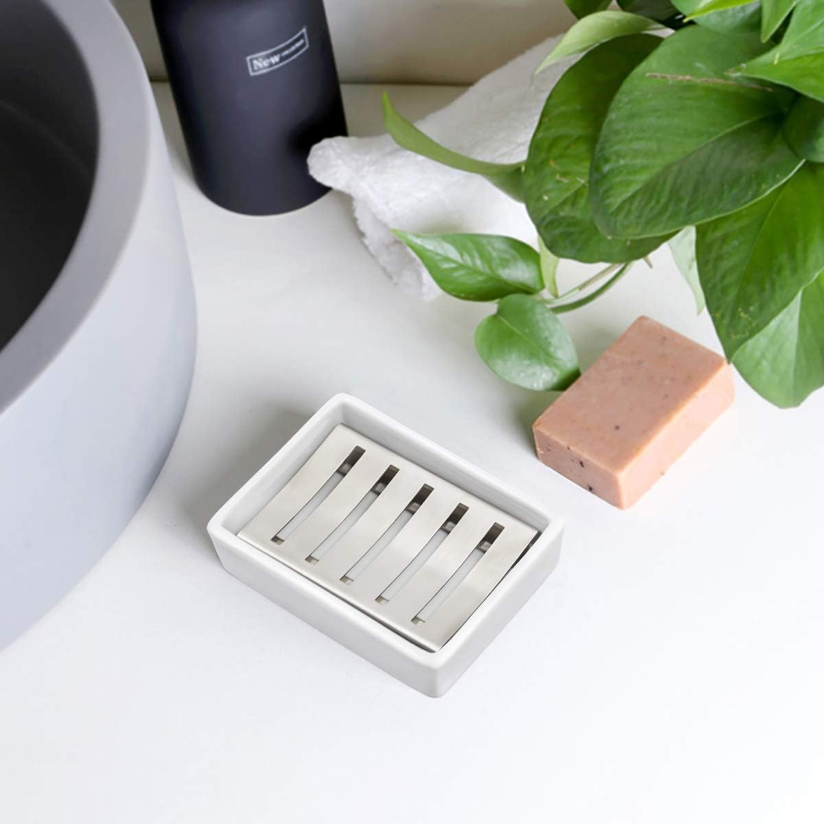 Ceramic Soap Dish Holder Stainless Steel / White