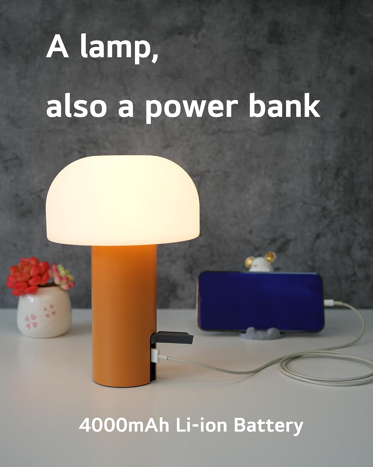 Small Cordless Mushroom Table Lamp, Waterproof Shower Lamp Orange | Original Design, Portable Rechargeable, Touch