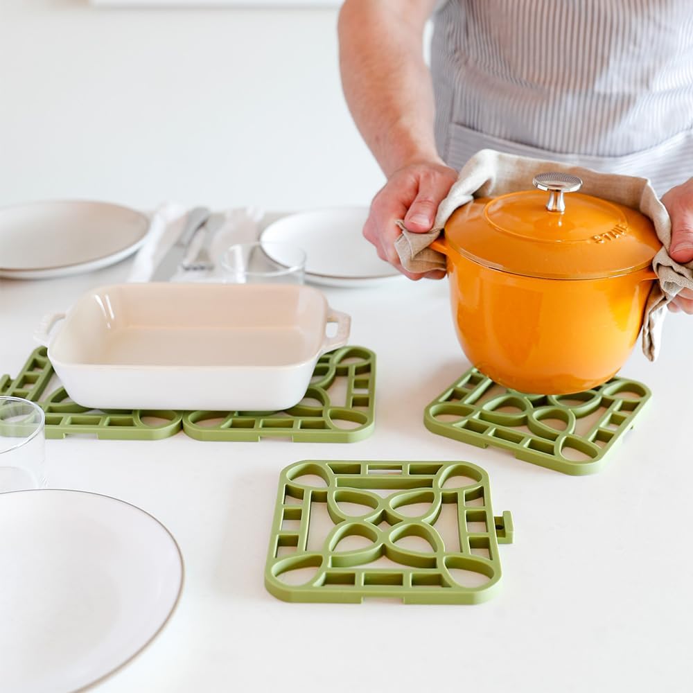 4-Pack Trivets for Hot Dishes - Green Interlocking Hot Pads for Kitchen, Coffee Bar Essentials, Silicone Mats for