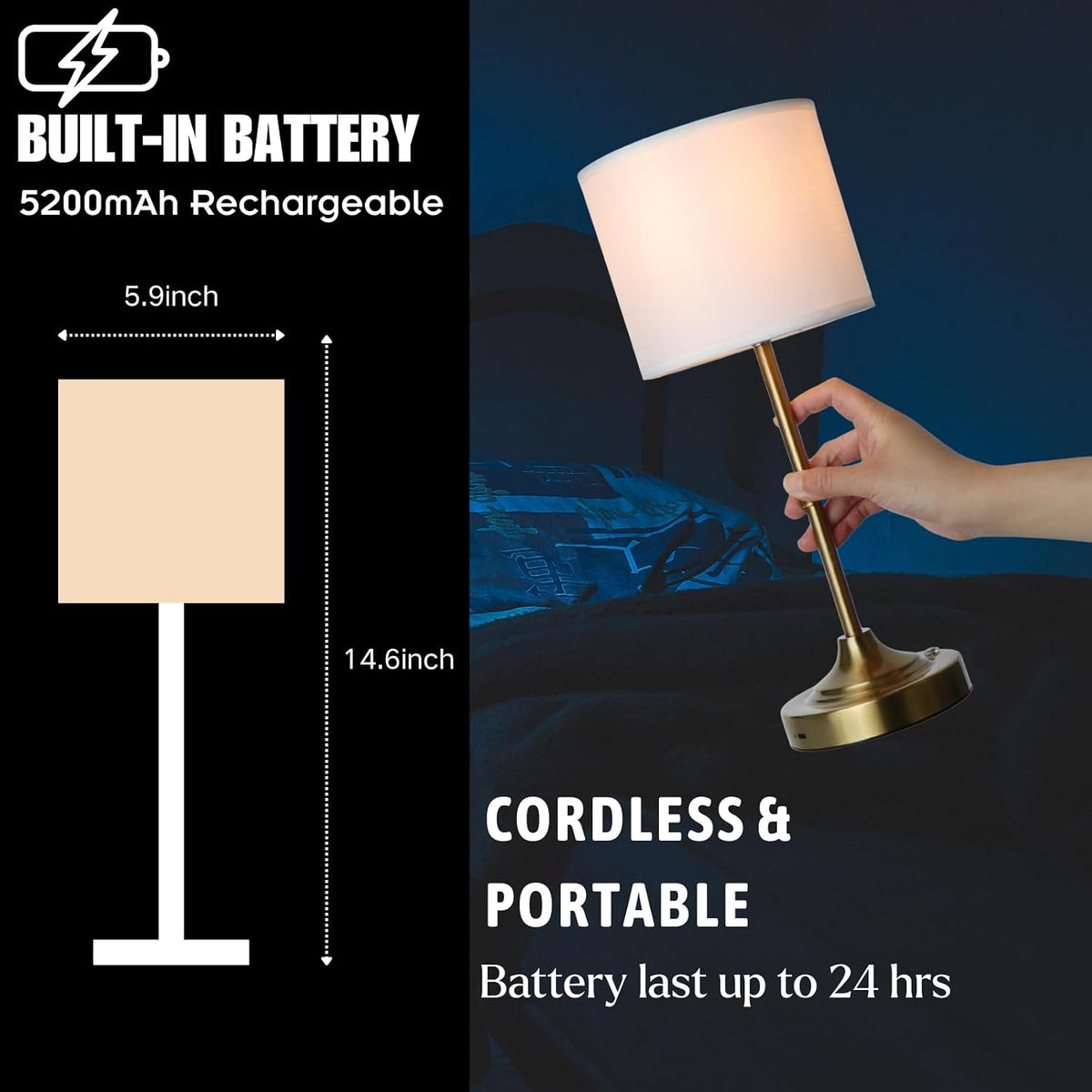 Portable Cordless Table Lamp,Built-in 5200mAH Rechargeable Battery, Dimmable Touch Wireless Light, Bed Side Metal Desk