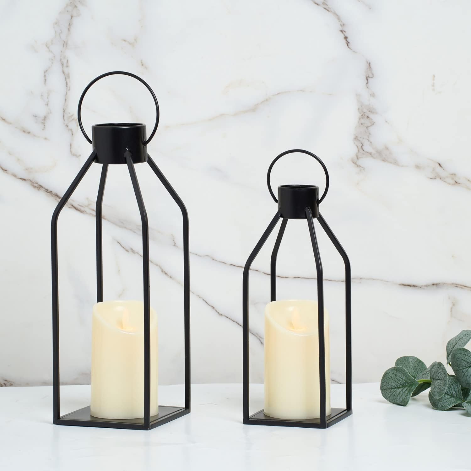 HPC Decor Modern Farmhouse Lanterrn Decor- Black Metal Candle for Summer Night- Lanterns w/Timer Flickering Candles for