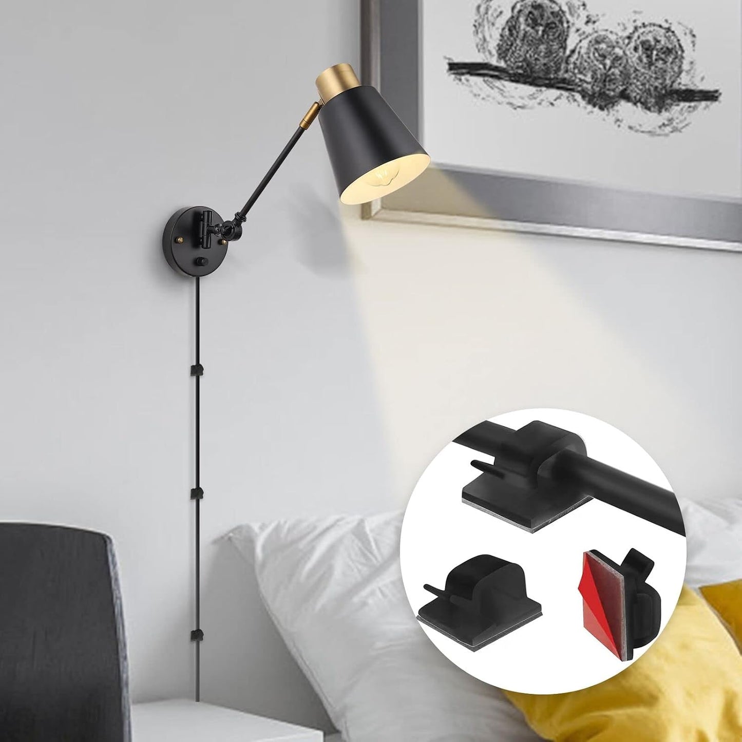 GOODATE Dimmable Wall Lamp with Plug in Cord, Plug in Wall Sconces, Swing Arm Wall Light with On Off Switch, Metal
