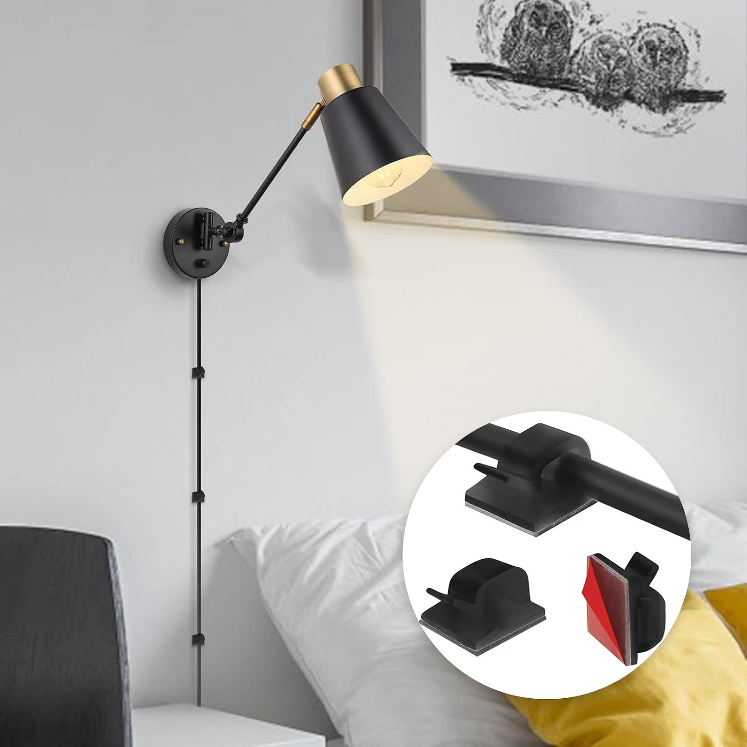 Plug in Wall Sconces with Remote, Adjustable Colors 2700K-6500K & Brightness 10%-100%, Swing Arm Wall Lamp, Wall