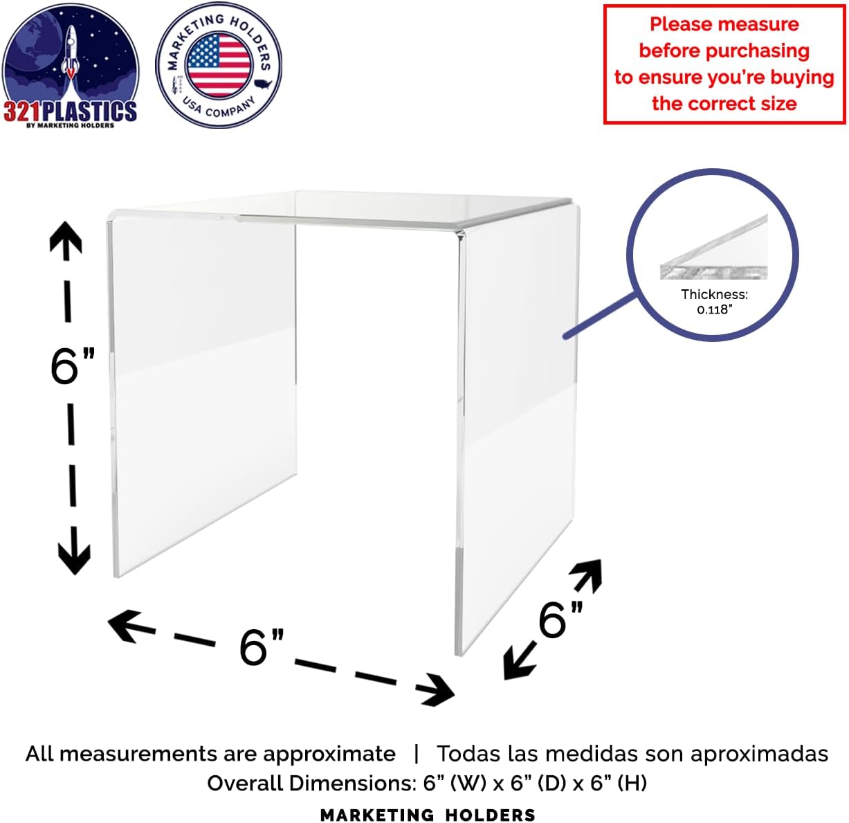 Marketing Holders 6 Pack Clear Acrylic Riser Display Stand 6” Reusable Square Platform Fixture POP Display for Retail