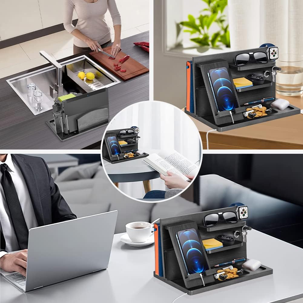 Gifts for Men Bedside Organiser Wood Phone Docking Station Dad Birthday Gifts for Him Nightstand Key Wallet Watch Stand