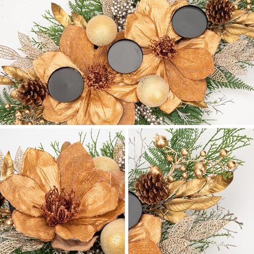 35" Champagne Christmas Centerpiece with Candle Holders, Magnolias Gold Christmas Balls Berries Leaves Branches Pine Cones Pine Needles for Xmas Table Decor, Holiday Candelabrum for Mantel Decorations