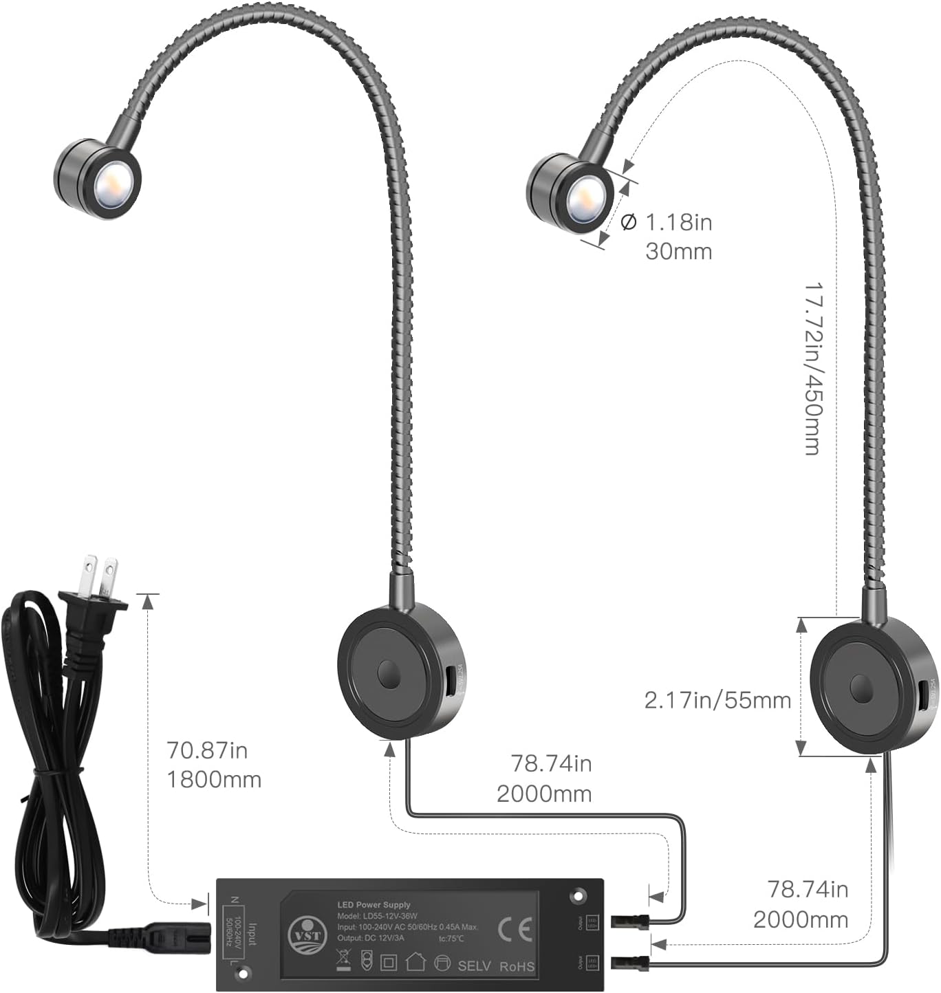 VST Wall Mounted Bed Reading Light, 3000K ETL Listed Headboard Reading Lamp, Touch Dimmable Bedside Light with USB &