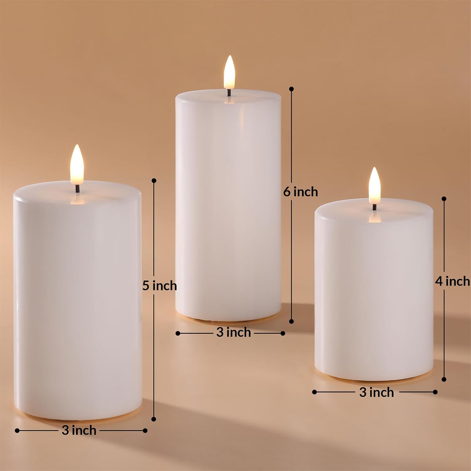 White Flameless Pillar Candles with Remote Set of 3 | Flickering LED Candles, 2 AA Battery Power, Flat Top Real Wax