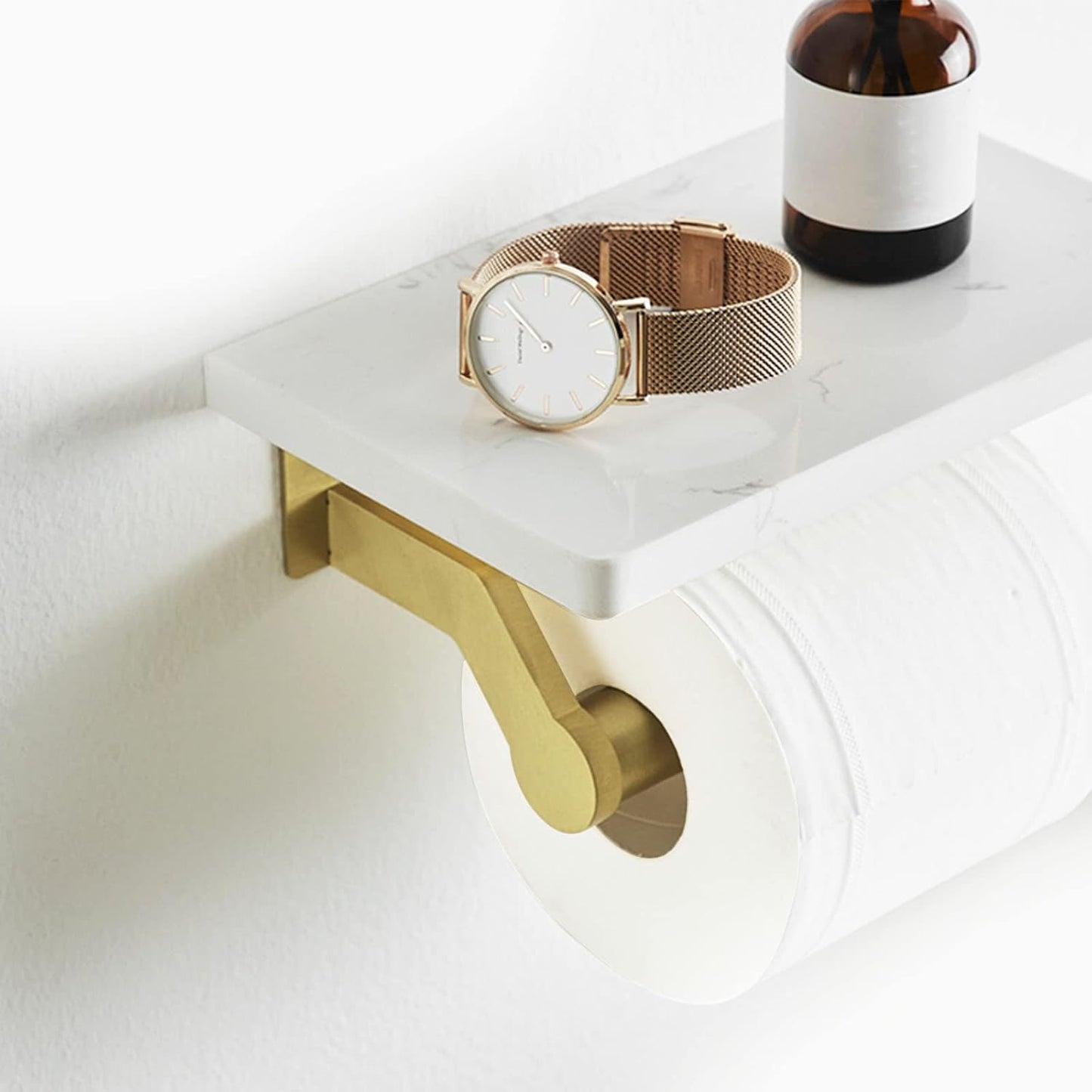 Hoimpro Toilet Paper Holder with Marble Shelf, Wall Mount Brushed Gold | White Natural Marble Phone Shelf Commercial