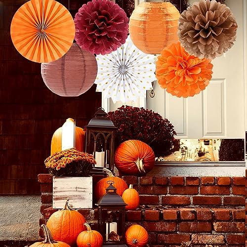 Burgundy Brown-Orange Baby-Shower Boho Party-Decorations - 20pcs Fall Autumn Paper Lanterns Fans,Tissue Pom Poms,Honeycomb Balls,Wedding Birthday Bridal Harvest Thanksgiving Festival Decor Burgleda