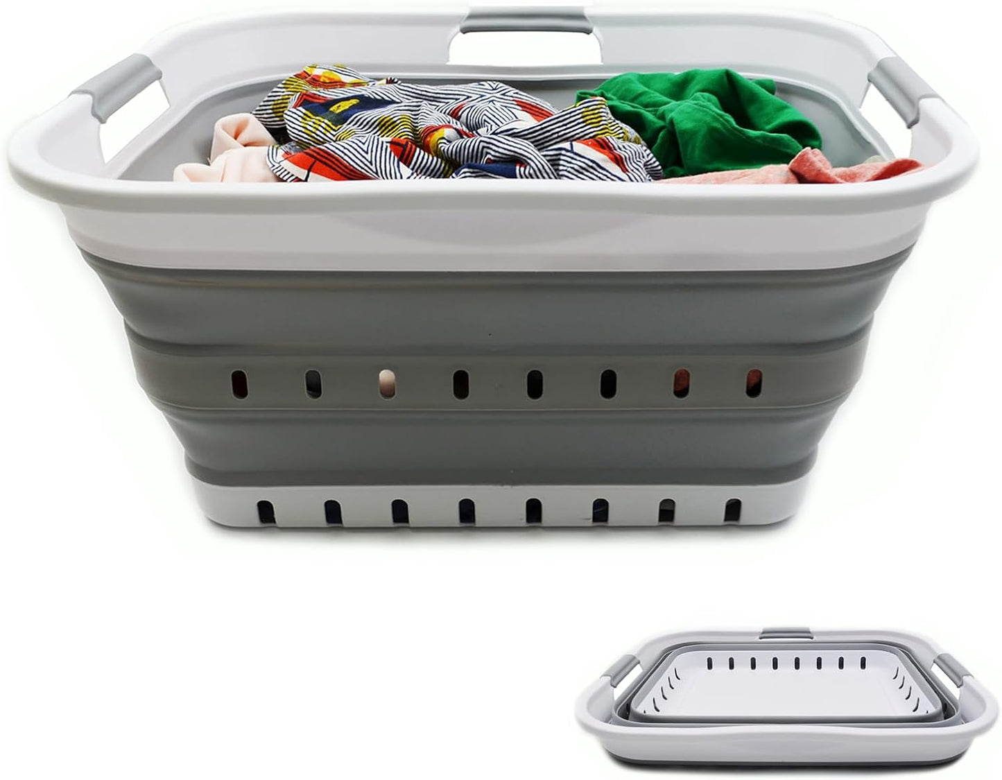 42L Collapsible Plastic Laundry Basket / White/grey