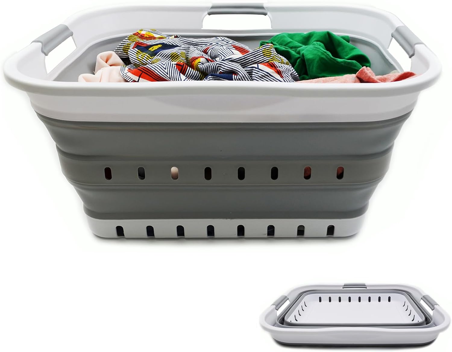 42L Collapsible Plastic Laundry Basket / White/grey