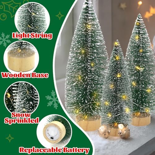 3 PCS Mini Bottle Brush Christmas Trees with Lights, Miniature Tabletop Christmas Tree for Christmas Decorations Indoor, Desktop Pine Tree Xmas Holiday Decor