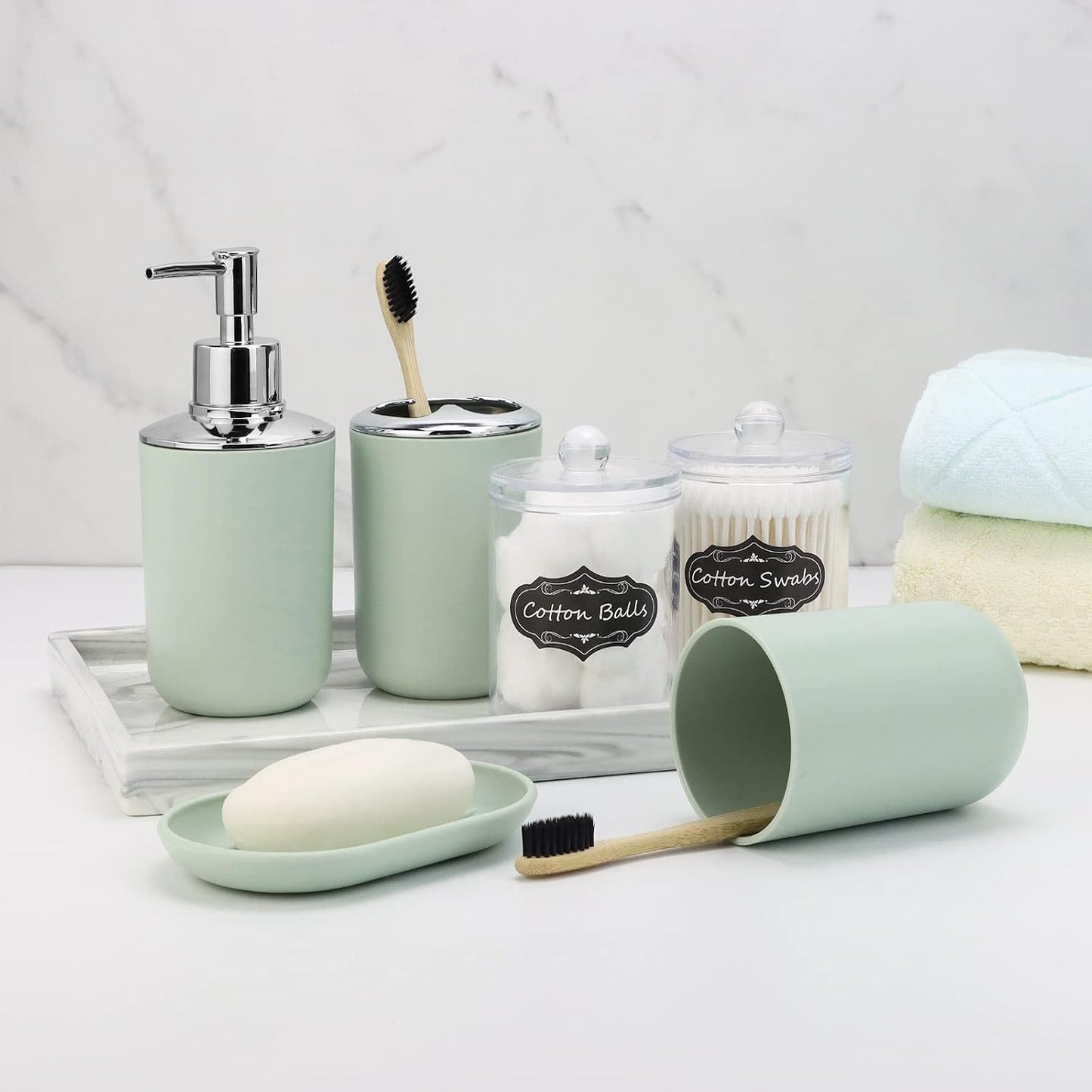 IMAVO Bathroom Accessories Set,Green Bathroom Set,9 Pieces Bathroom Accessory Set,Tray,Qtip Holders,Toilet Brush,Trash
