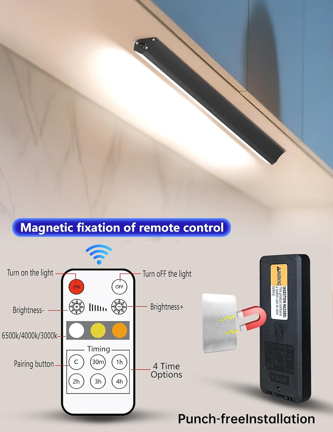 Under Cabinet Lighting Wireless, 2400mAh Rechargeable Cabinet Light, Battery Operated, Magnetic, Stick on, 106 LED