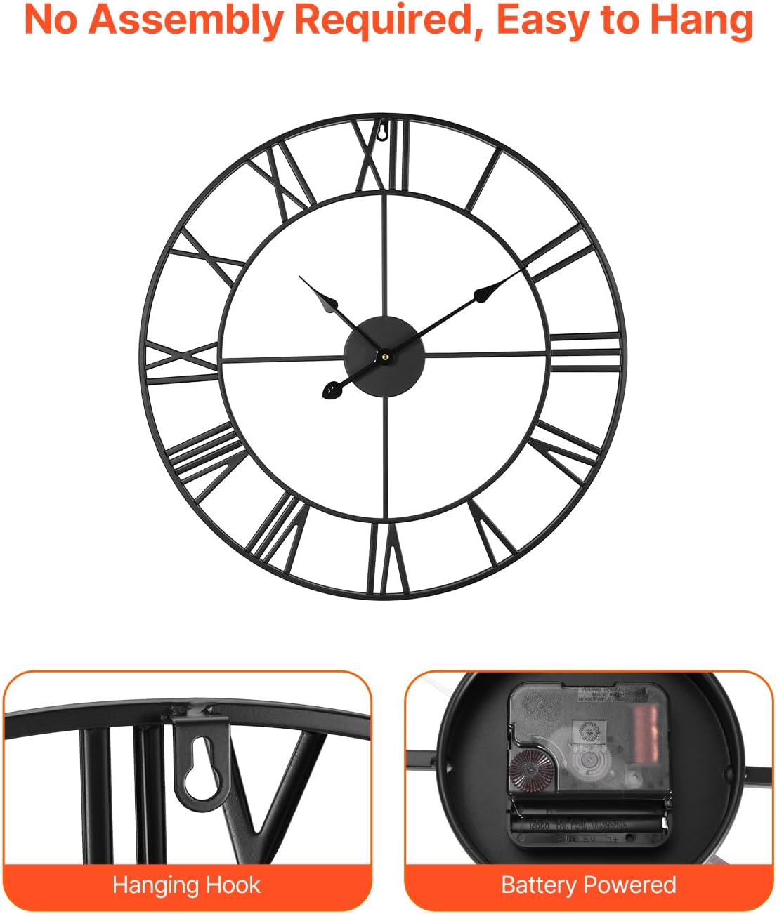VEVOR Large Wall Clock, 24 in Wall Clock Roman Numerals, Battery Operated Non Ticking Classic Decorative Round Clocks