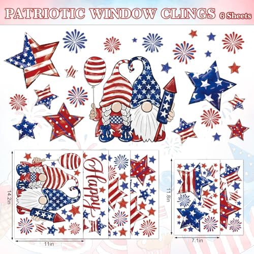 Whaline 6 Sheets Patriotic Window Clings Happy 4th of July Window Decal USA Gnome Star Firework Reusable Glass Sticker for Independence Day Memorial Day Home Party Decor