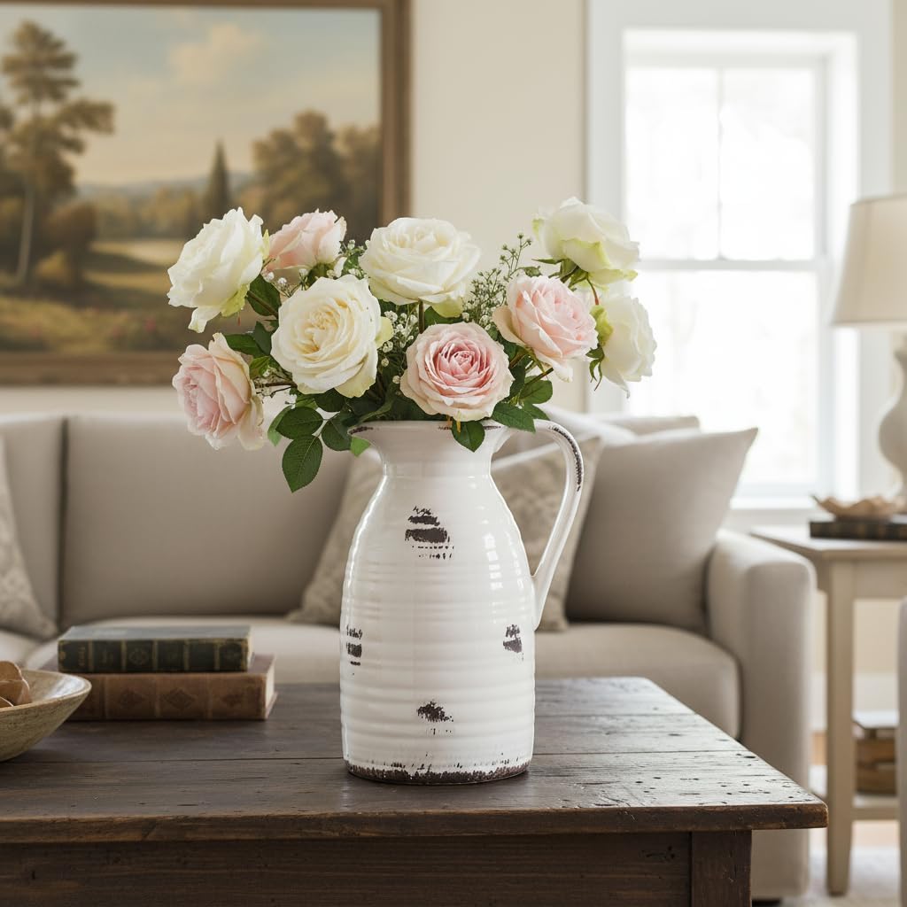 Farmhouse Pitcher Vase for Flowers- Ceramic Pitcher Vase Decrative / White and Qntique Pitcher Vase