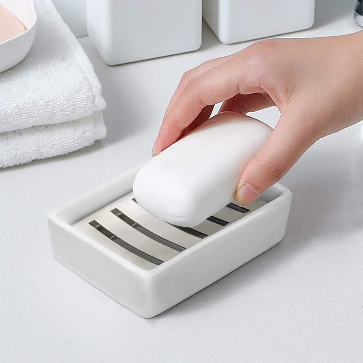 Ceramic Soap Dish Holder Stainless Steel / White