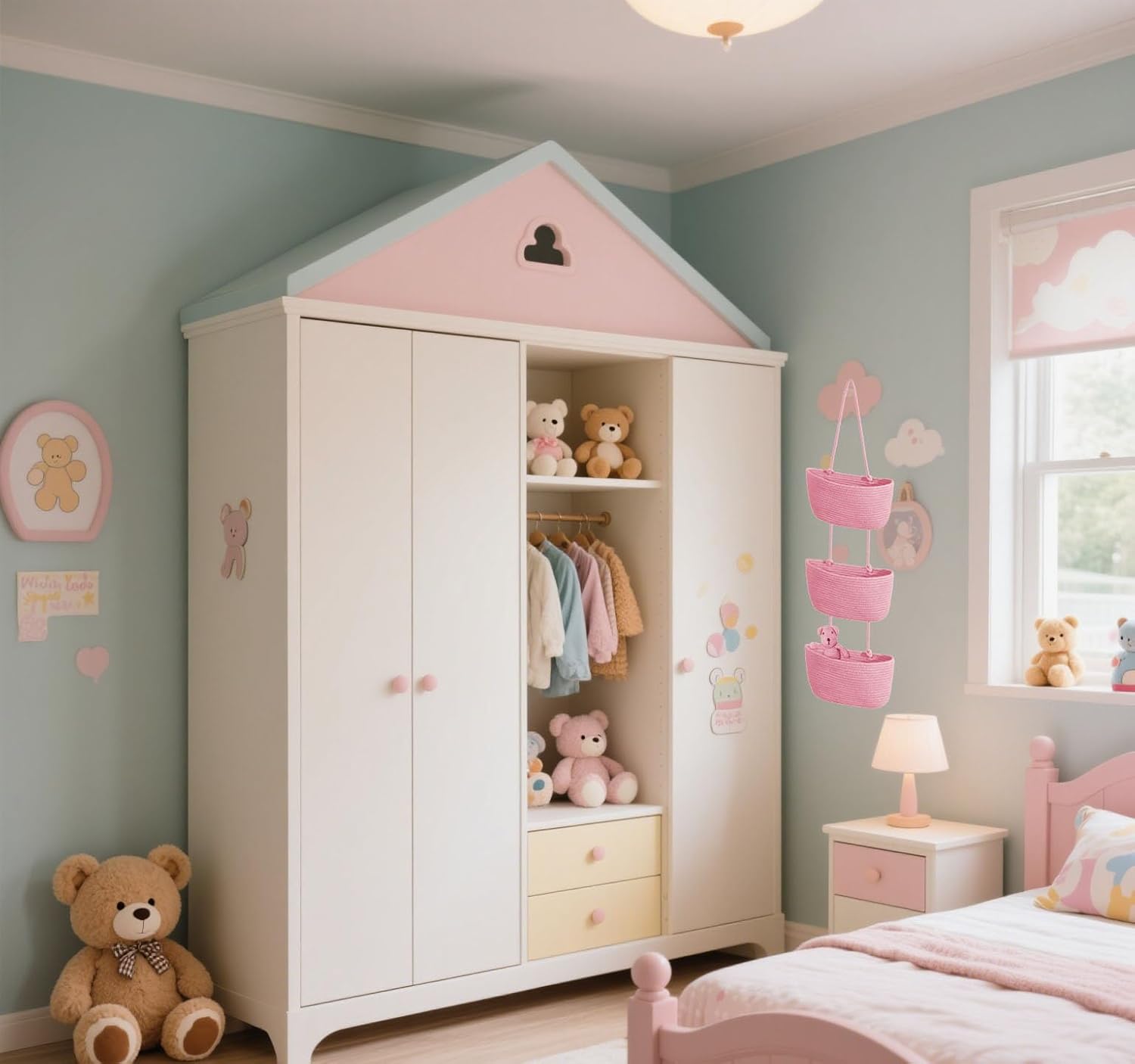 Woven Cotton Hanging Baskets for Organizing Decor 3-Tier Over the Door Wall-Mounted Storage / Pink