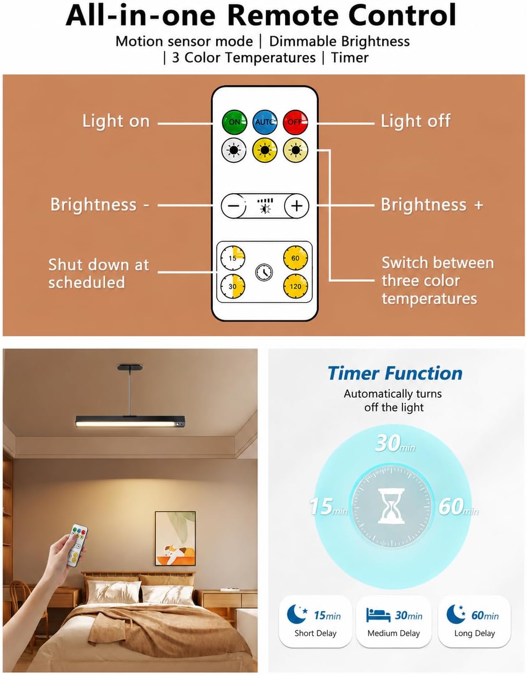 Rechargeable Motion Sensor Ceiling Light, Full Metal Pendant Lights, Battery Operated LED Closet Lights with Remote