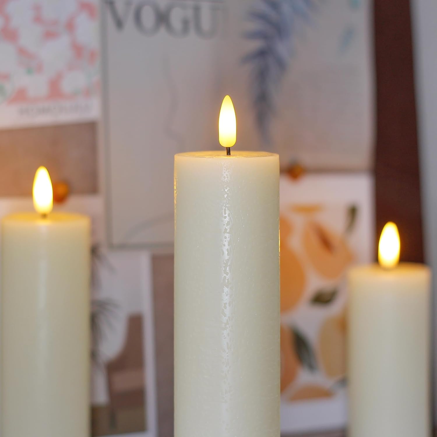 Flickering Flameless Pillar Candles with Remote Control and Cycle Timer,Ivory Pack of 4 Battery Operated(Powered by