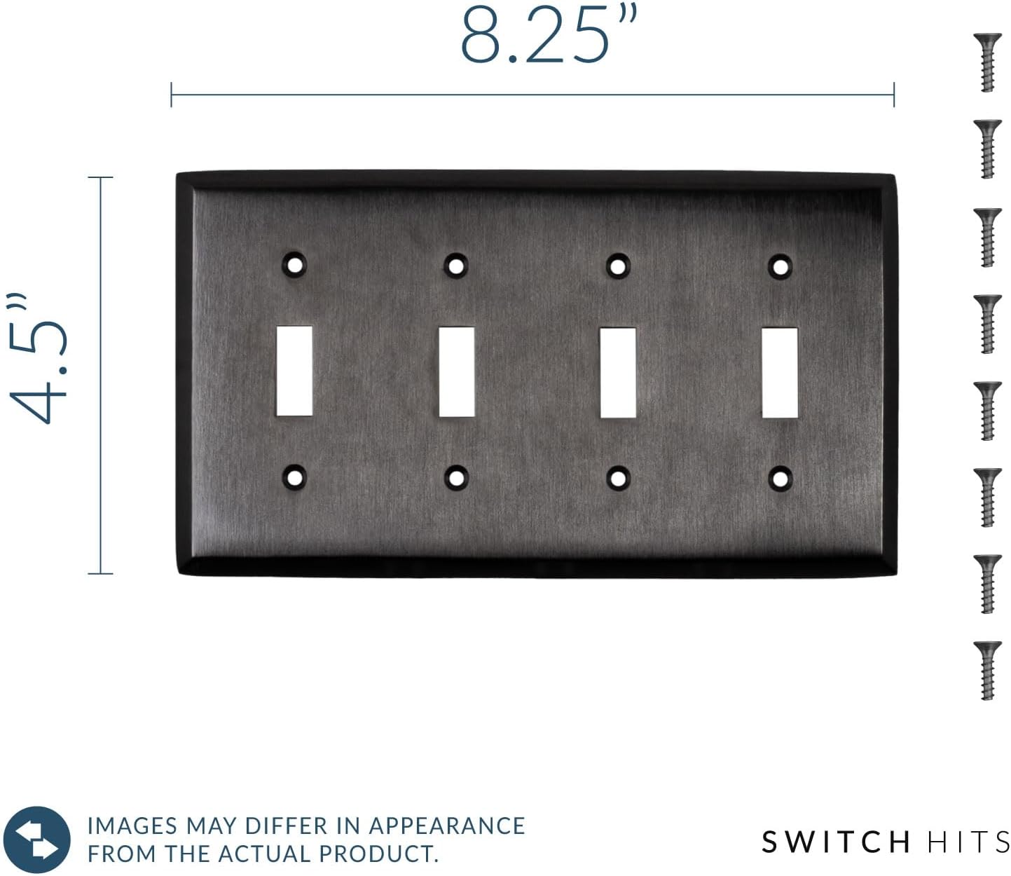 Satin Nickel Black Outlet Wall Plate | 4 Toggle | 8.25" x 4.5" | Hand-Polished Brass Construction | Electrical Switch